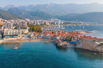 Budva. Montenegro. View of the city from above. Aerial photography. Dawn.