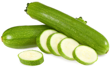 fresh green zucchini or marrow slices isolated on white background. full depth of field. clipping path