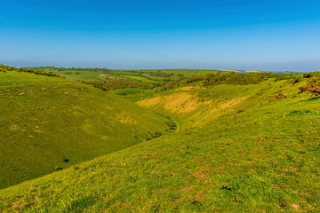 A view above the longest dry valley in the UK on the South Downs near Brighton in springtime