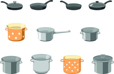 Pans pots and pans. Kitchen pan objects, cartoon kitchenware tools collection for cooking, vector illustration of elements for boiling and frying isolated on white background