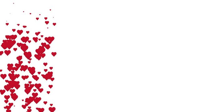 Flying hearts on the white background - emitting from the left edge. Loop animation, motion graphic