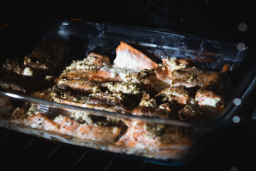 Fried salmon in the oven close-up