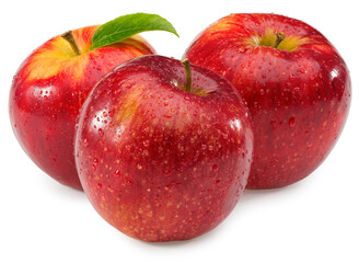 red apple with green leaf isolated on white background. clipping path.