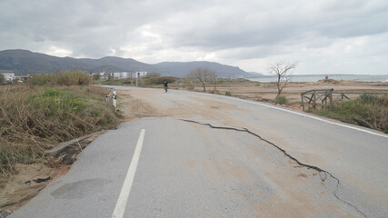 Malia Beach with washed up items after the big floodings on Crete Island in Greece.