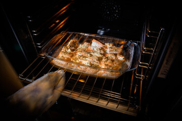 Fried salmon in the oven close-up