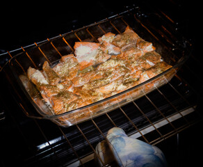Fried salmon in the oven close-up