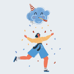 Vector illustration of happy woman celebration on dark backround.