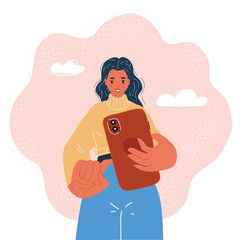 Vector illustration of woman hold smartphone take photo or video