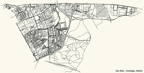 Black simple detailed street roads map on vintage beige background of the neighbourhood San Blas-Canillejas district of Madrid, Spain