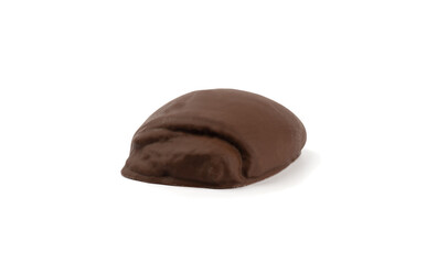 Sweet bun in chocolate glaze on a white plate.