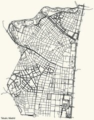 Black simple detailed street roads map on vintage beige background of the neighbourhood Tetuán district of Madrid, Spain