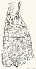 Black simple detailed street roads map on vintage beige background of the neighbourhood Chamartín district of Madrid, Spain