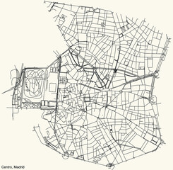 Black simple detailed street roads map on vintage beige background of the neighbourhood Centro district of Madrid, Spain