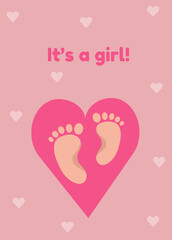 Vector pink background with heart and baby feet. Perfect as announcement or greeting card for boy's parents