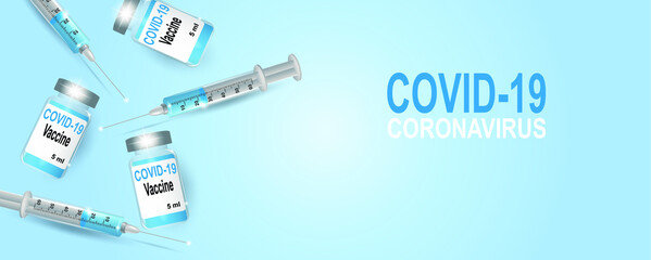 Coronavirus vaccine vector background.Covid-19 corona virus vaccination with vaccine bottle and syringe injection tool for covid19 immunization treatment. Vector illustration.