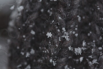 Detailed up-close macro image of snowflakes on knitted fabric.