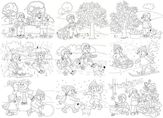 Two seasons. Autumn and winter. Cute boy and girl. Coloring page. Illustration for children. Cute and funny cartoon characters