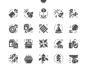 Pyrotechnics. Petard, flare, sparklers and fireworks. Bunch of firecrackers. Detonator. Party and celebration. Vector Solid Icons. Simple Pictogram