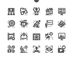 Movie. Cinema. Watching movie on a computer and phone. 3D glasses. Film camera and bobbin. Movie tickets. Film award. Viewer. Vector Solid Icons. Simple Pictogram