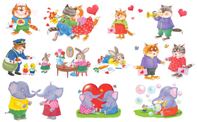 Fototapeta premium Valentine's Day. Set of cute cartoon animals. Poster. Greeting card. Illustration for children