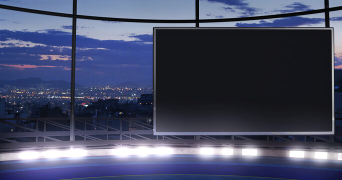Industrial TV show backdrop with an empty screen. Ideal for virtual tracking system sets, with green screen. (3D rendering)