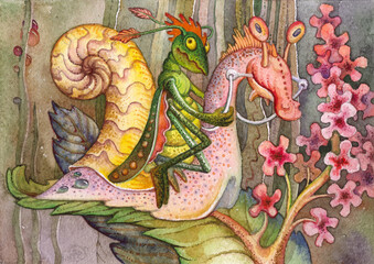 Obraz premium Fabulous animalistic plot. The composition of the three objects. (Beetle, snail, flowers.) Watercolor drawing. Illustration for children.