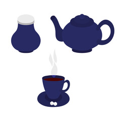 Blue tea service, teapot, mug with saucer, sugar bowl