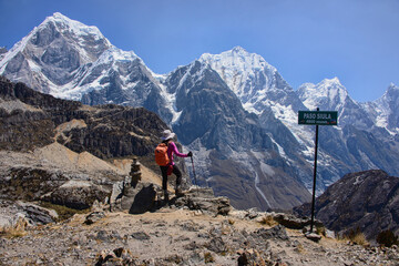 Trekker at Siula Pass on the Cordillera Huayhuash circuit, Ancash, Peru