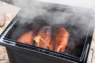 Smoked fish in smokehouse box. Hot smoked river bass fish cooked with your own hands in a mini smokehouse