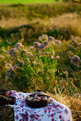 Vareniki with cherry in a ceramic bowl.