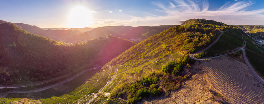 Sunset over the vineyards in the Ahr Valley, aerial view