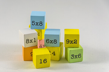 A pair of colorful wooden multiplication table blocks on a white background. Education fin for childeren