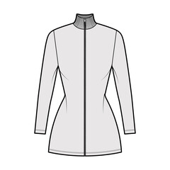 Turtleneck zip-up dress technical fashion illustration with short sleeves, mini length, fitted body, Pencil fullness. Flat apparel template front, grey color. Women, men unisex CAD mockup