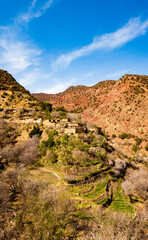 Hiking through the High Atlas Mountains of Morocco on a sunny day