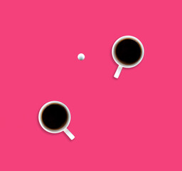 Creative concept with two coffee cups and table tennis ball. Flat lay design