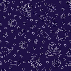 Seamless pattern with space elements. Doodle. A space flight. Cosmonautics Day. Hand-drawn. Vector illustration for children. It can be used to design textiles, clothing, notebooks.