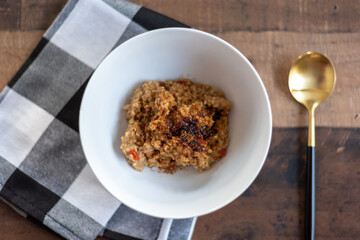 Top view of a bowl of steel-cut oats for a healthy breakfast