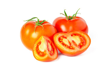 red tomatoes with slices isolated on white. Juicy red tomato