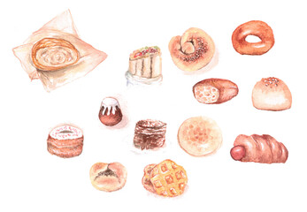 baking set, buns, rum babas, bread, donuts, crumpets, flapjack, pies, pancakes, shawarma watercolor hand drawn, brush on paper - paint, stain, splash, farm concept, labels, illustration design