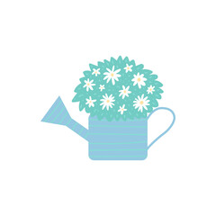 Spring garden cute watering can with chamomile in hand drawn style. Happy gardening poster design. Vector illustration.