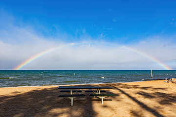 Afternoon sunny view of the Lake Tahoe with rainbow