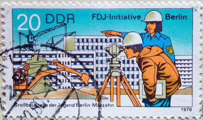 GERMANY, DDR - CIRCA 1979 : a postage stamp from Germany, GDR showing Construction projects for the large construction site of the youth, Berlin-Marzahn