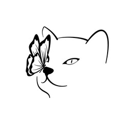 Firendly cat vector vector line art on a white background. Cat portrait with a butterfly on its nose. Vector for logotypes, crafts, prints.