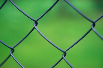 metallic fence with fresh grass on the background