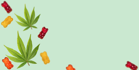 Cannabis leaf with CBD infused gummy bears. THC jelly candies. Marijuana edibles banner. Copy...