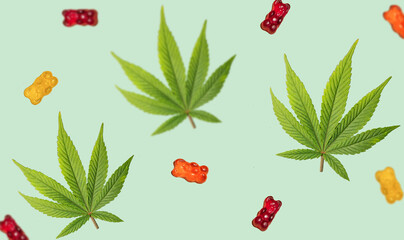 Cannabis leaf with CBD infused gummy bears pattern. THC jelly candies. Marijuana edibles banner....