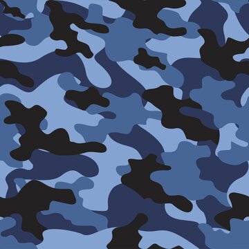 Seamless blue camouflage military texture on textile. Ornament. Vector background.