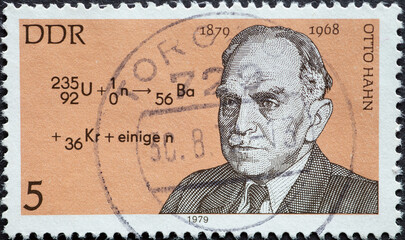GERMANY, DDR - CIRCA 1979 : a postage stamp from Germany, GDR showing   a portrait of Otto Hahn...