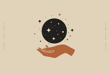 Hand holds the magic moon. Trendy magic symbol on a light background. Astrological sign in minimalist style. Mystical symbols for spiritual practices, ethnic magic, and astrological rites.