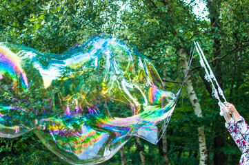Giant soap bubble with trees at the background on green trees